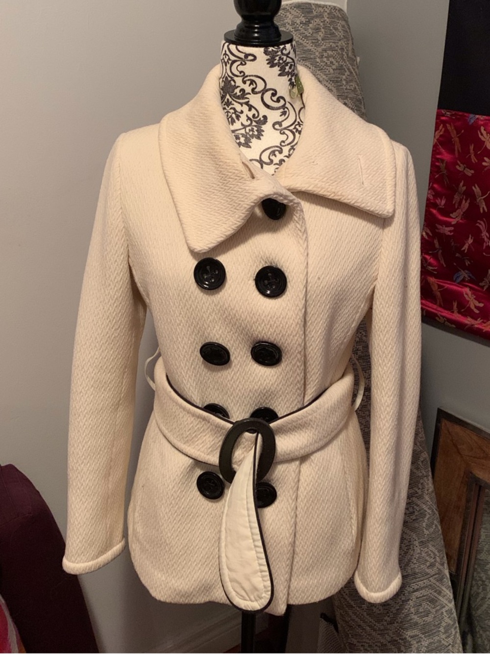 Soia & Kyo Cream Double-Breasted Belted Pea Coat